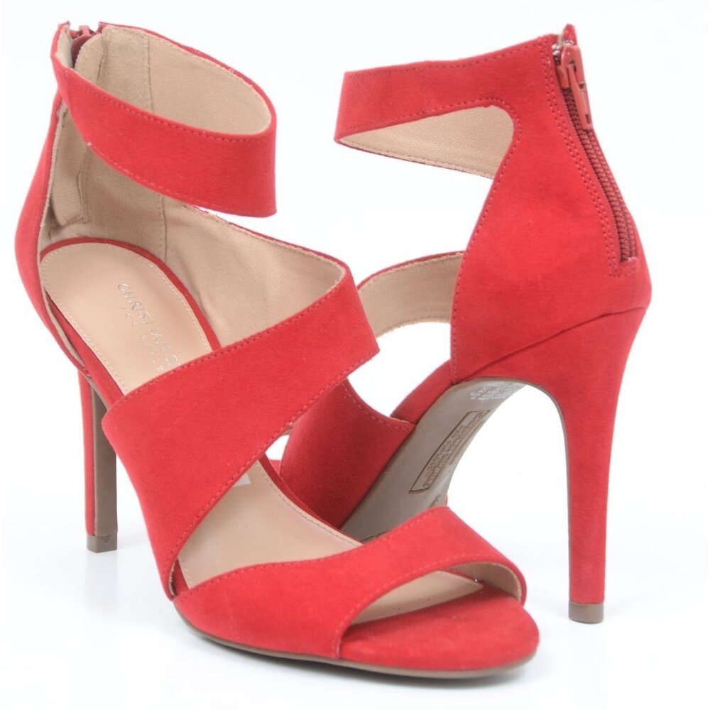 Christian Siriano Women'sโ 9 Open Toe Heels Sandals Red Suede Coquette Stiletto